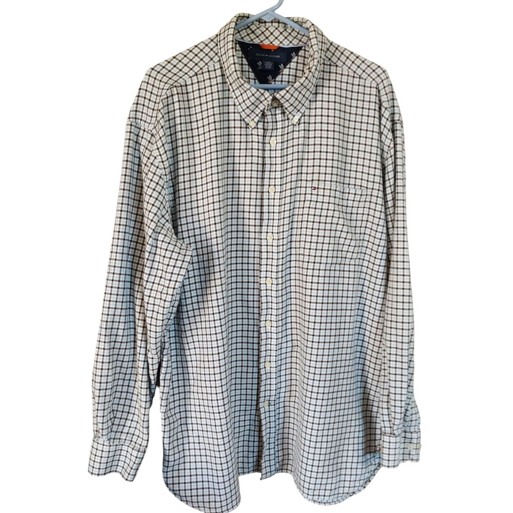 Tommy Hilfiger Shirt Woven Plaid Brown Blue Button Down Preppy Mens Size XXL